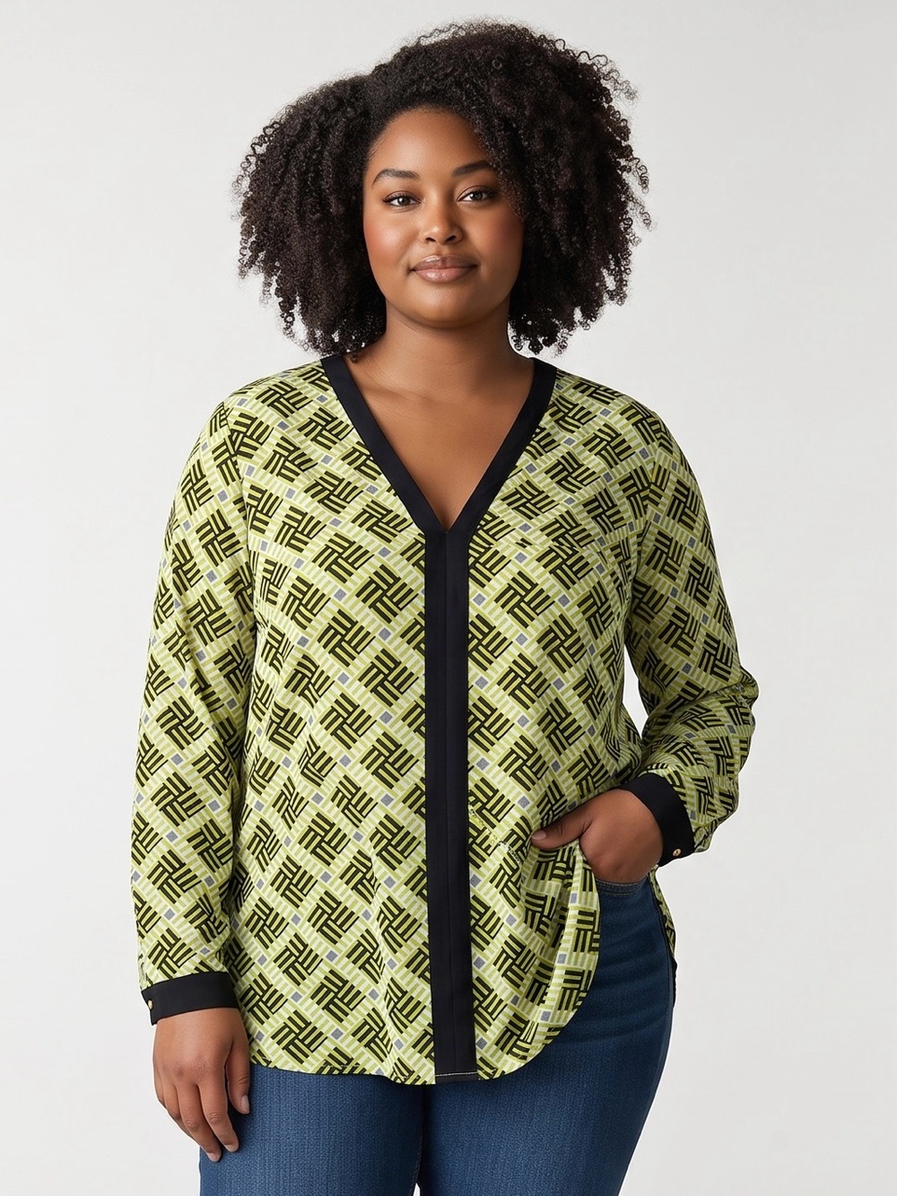 Banana Republic Green Printed V-Neck Blouse With Black Trim Size XL